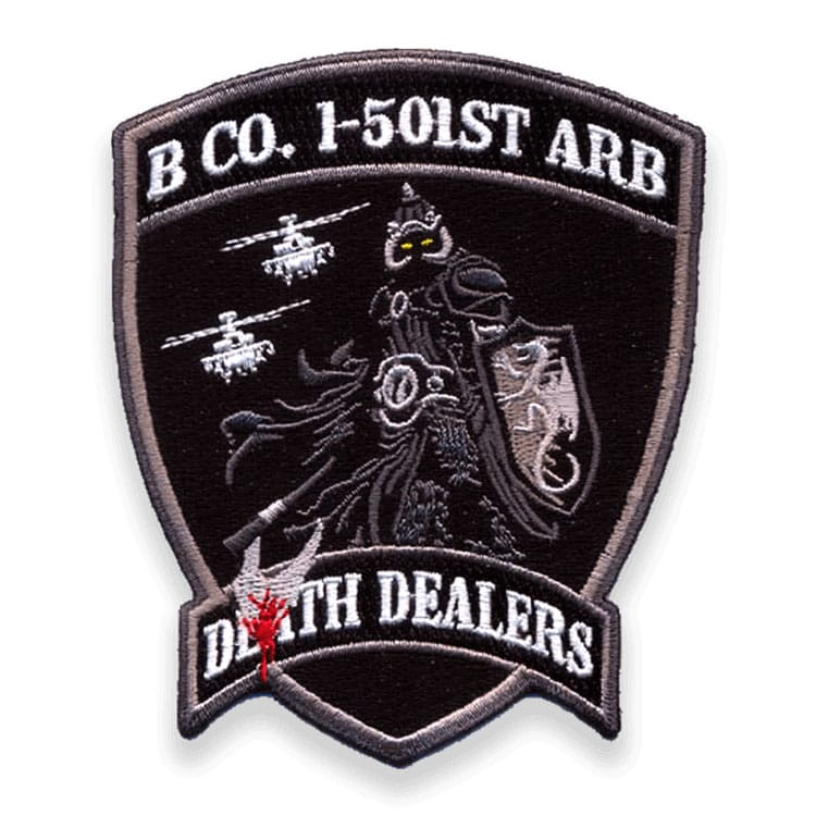 Finished patch after production, featuring military style patch with a warrior and helicopters