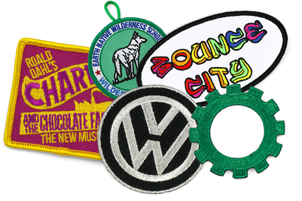 5 different patches showing options: A yellow merrowed border on a purple patch, a button loop on a scout patch, silver metallic thread on the VW logo, neon thread lettering, and a green patch hot-cut to a gear shape