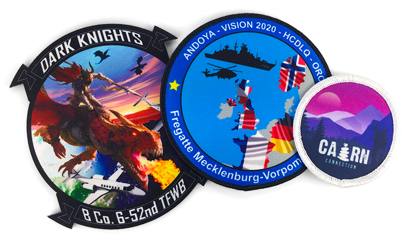 3 printed patches, Dark Knights military patch with flying dragons, military map with flags, purple and pink nature landscape