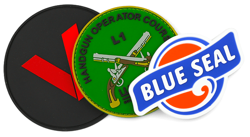 3 PVC patches, black with red V, Handgun operator course with 2 guns and green background, Blue Seal logo with orange sun and blue wave