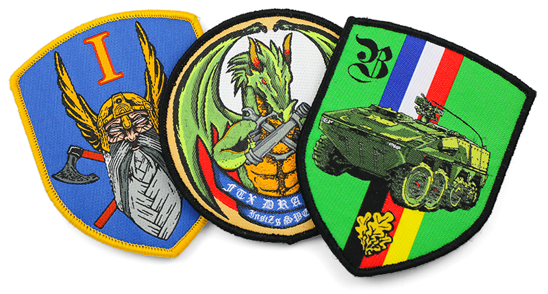 3 woven patches, full color, Norse god face, dragon, army tank