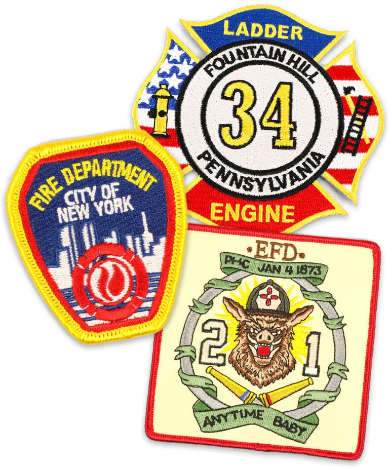 Red, white, blue, yellow, and black embroidered patch in the shape of a Maltese cross with the text: Ladder Engine, Fountain Hill, Pennsylvania, 34