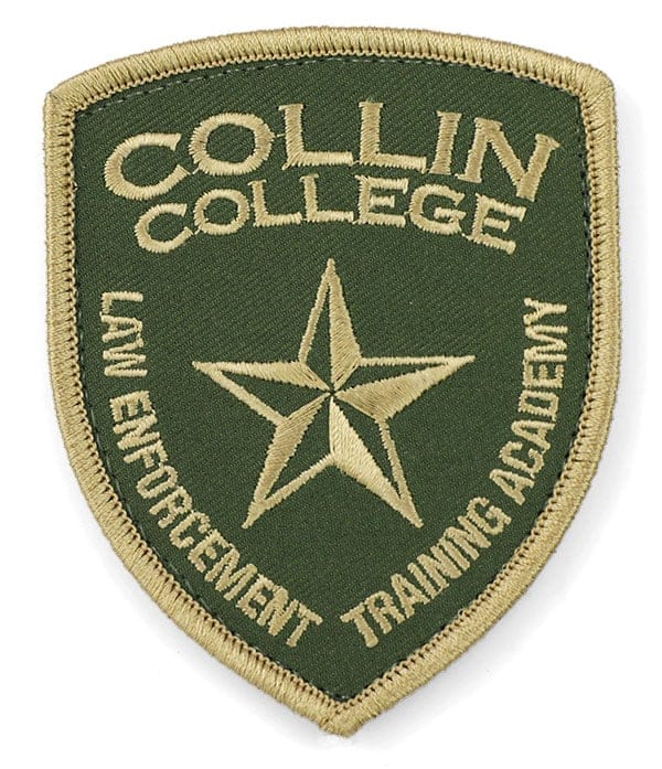 Green and tan embroidered patch, shield shape. Collin College, Law Enforcement Training Academy