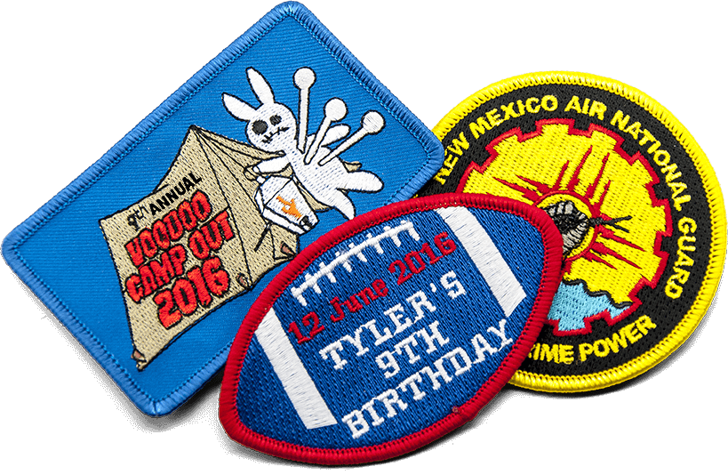 3 different embroidered iron on patches, Voodoo camp out with bunny, football birthday, New Mexico Air National Guard