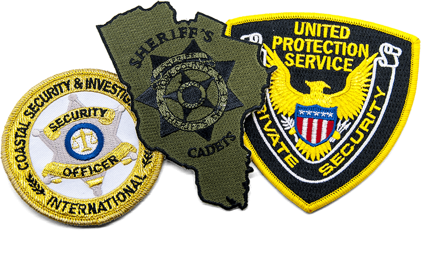 3 different police patches, various shapes, colors, sizes, and designs